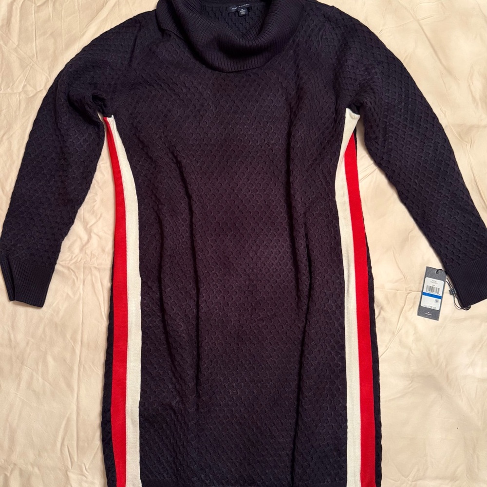 Tommy Hilfiger Navy Blue Sweater Dress with Red and White Side Stripes